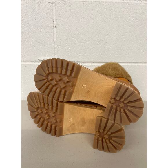 swedish hasbeens shearling clog boots sz38 brown pull on leather suede tan fur - Picture 5 of 5